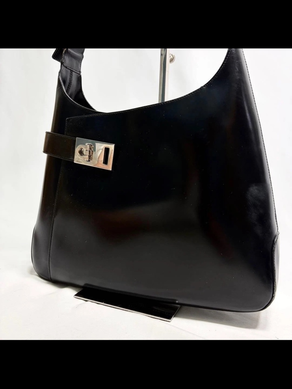 Salvatore Ferragamo Black Leather Shoulder Bag with Silver-Tone Hardware